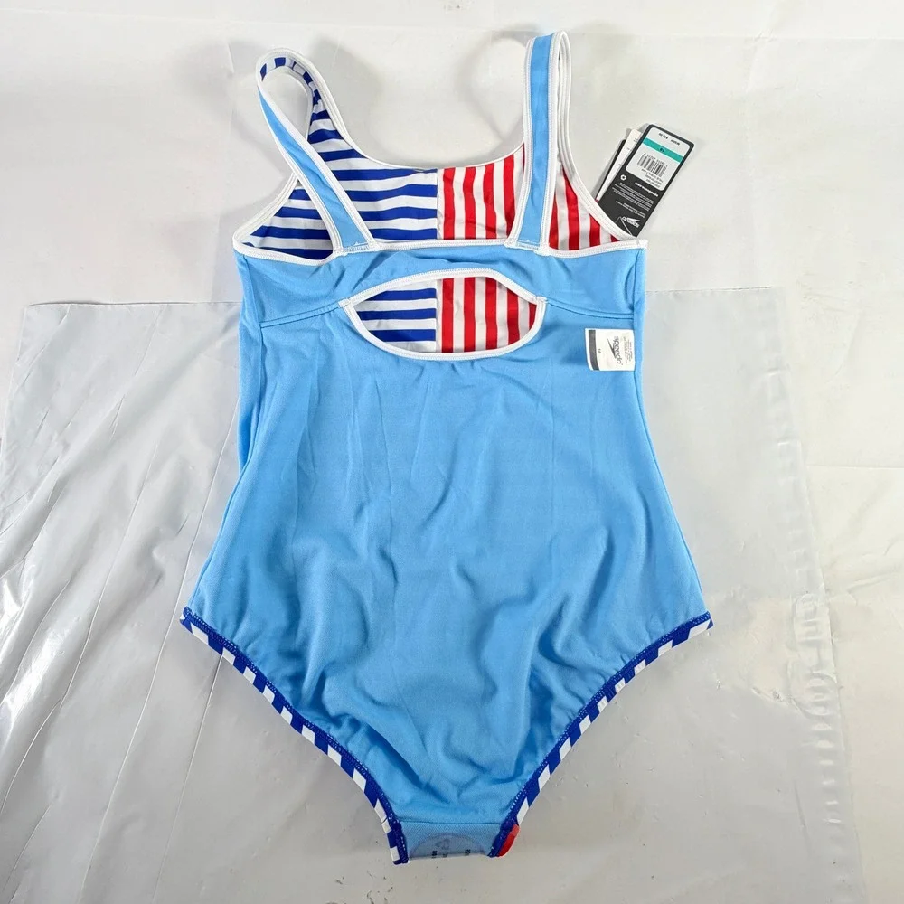 Speedo Girls One Piece Patriotic Stripe Blocked Swimsuit‎ True Cobalt Size 16
